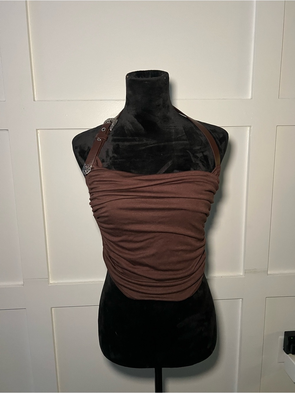 Ruched Brown Halter Camisole with Buckle Straps